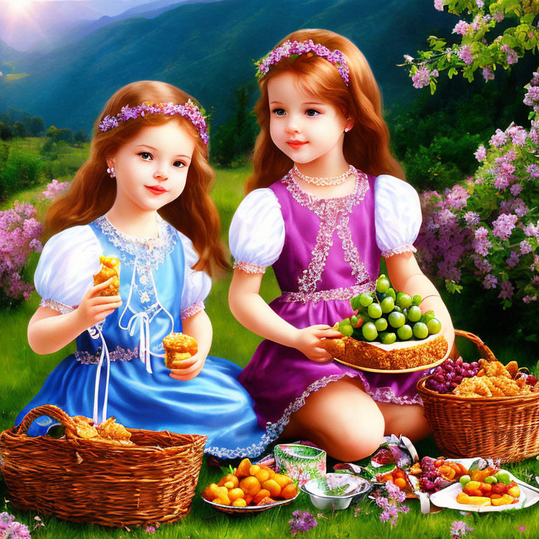 Two girls in colorful dresses enjoying a picnic in a lush green meadow