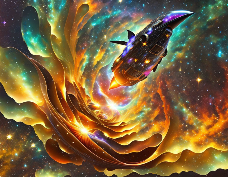 Vibrant surreal digital art: spaceship in cosmic landscape