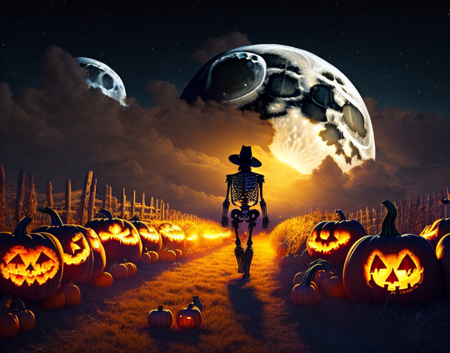 Skeleton in Cowboy Hat Strolling Through Pumpkin Patch at Night