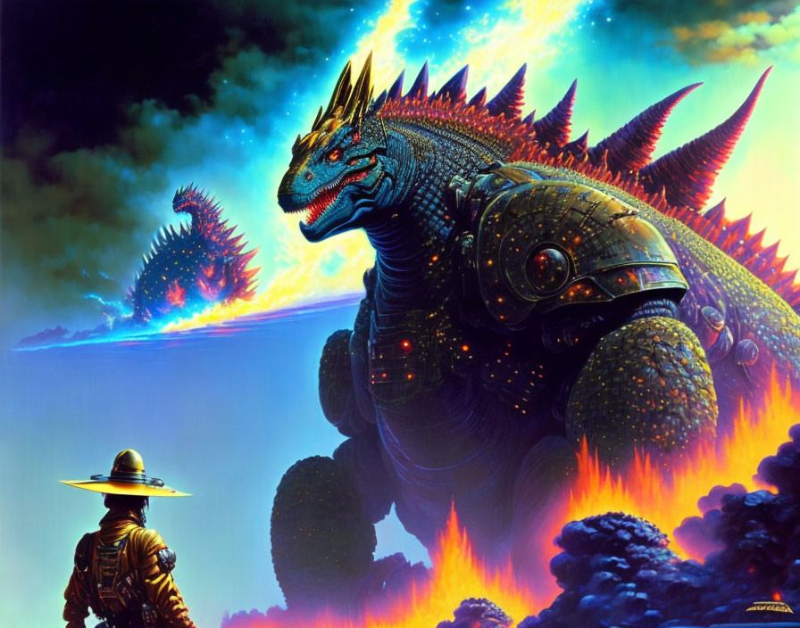 Person in hat confronts armored dragon amidst fiery scene in vibrant sky