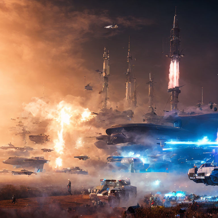 Sci-fi battle scene with spaceships, explosions, and blue energy beams