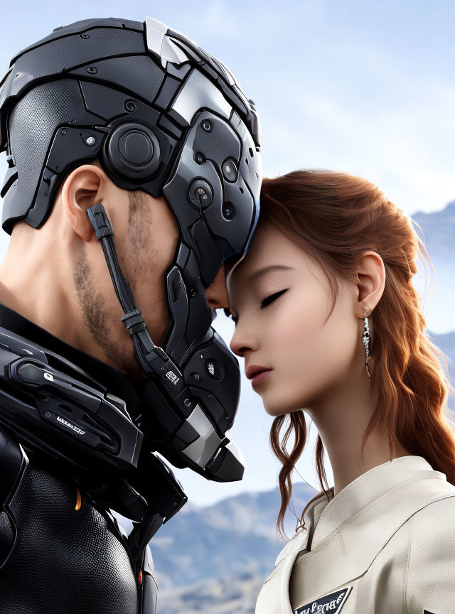 Futuristic armor person touching foreheads with woman in mountain setting