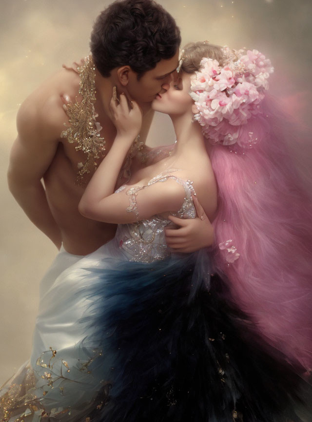 Romantic couple embrace in ornate attire with gradient dress.