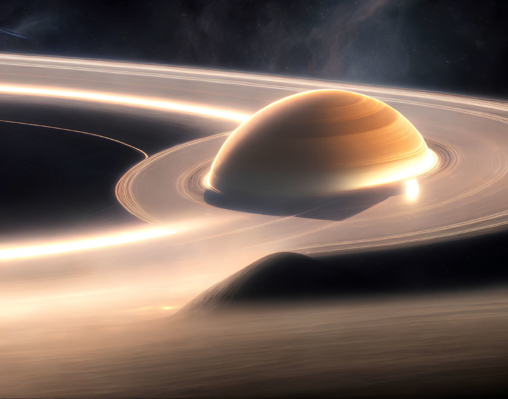 Saturn with glowing rings in space scene.