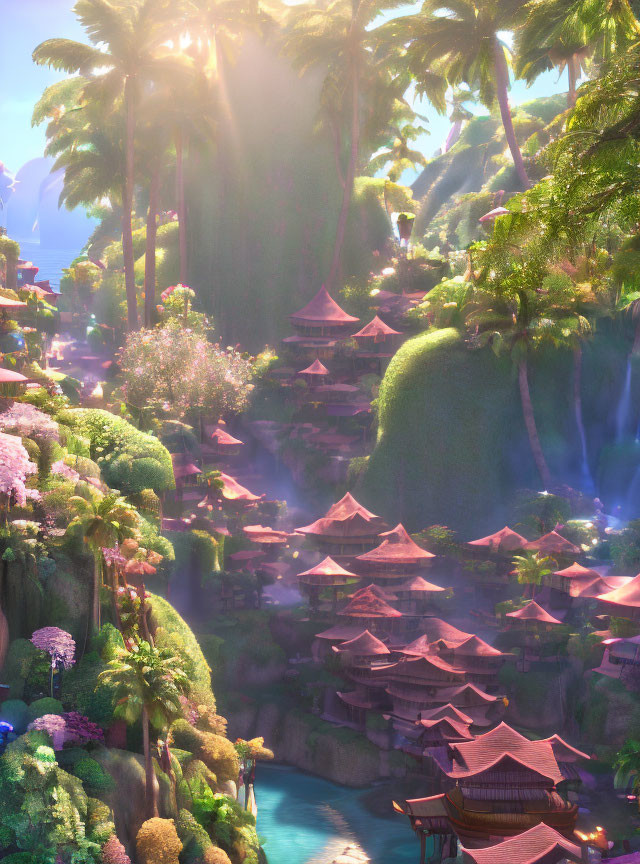 Lush Valley with Waterfalls, Pagoda Buildings & Vibrant Flora