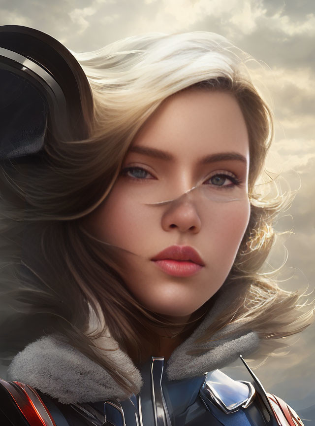 Portrait of Woman with Blue Eyes & White Hair in Futuristic Armor against Cloudy Sky