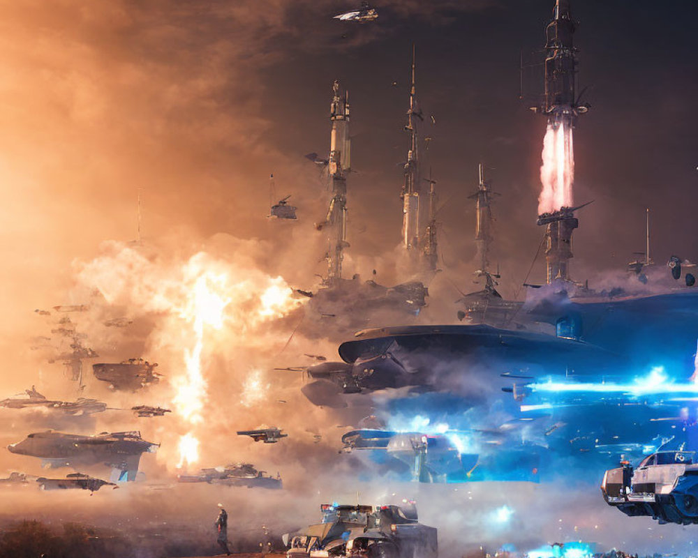 Sci-fi battle scene with spaceships, explosions, and blue energy beams