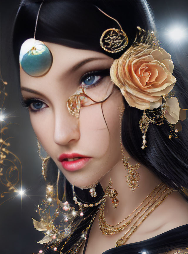 Woman with Blue Eyes and Gold Jewelry in Mystical Setting