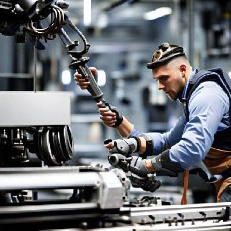 Worker in Cap and Ear Protection Collaborates with Robotic Arm on Assembly Line