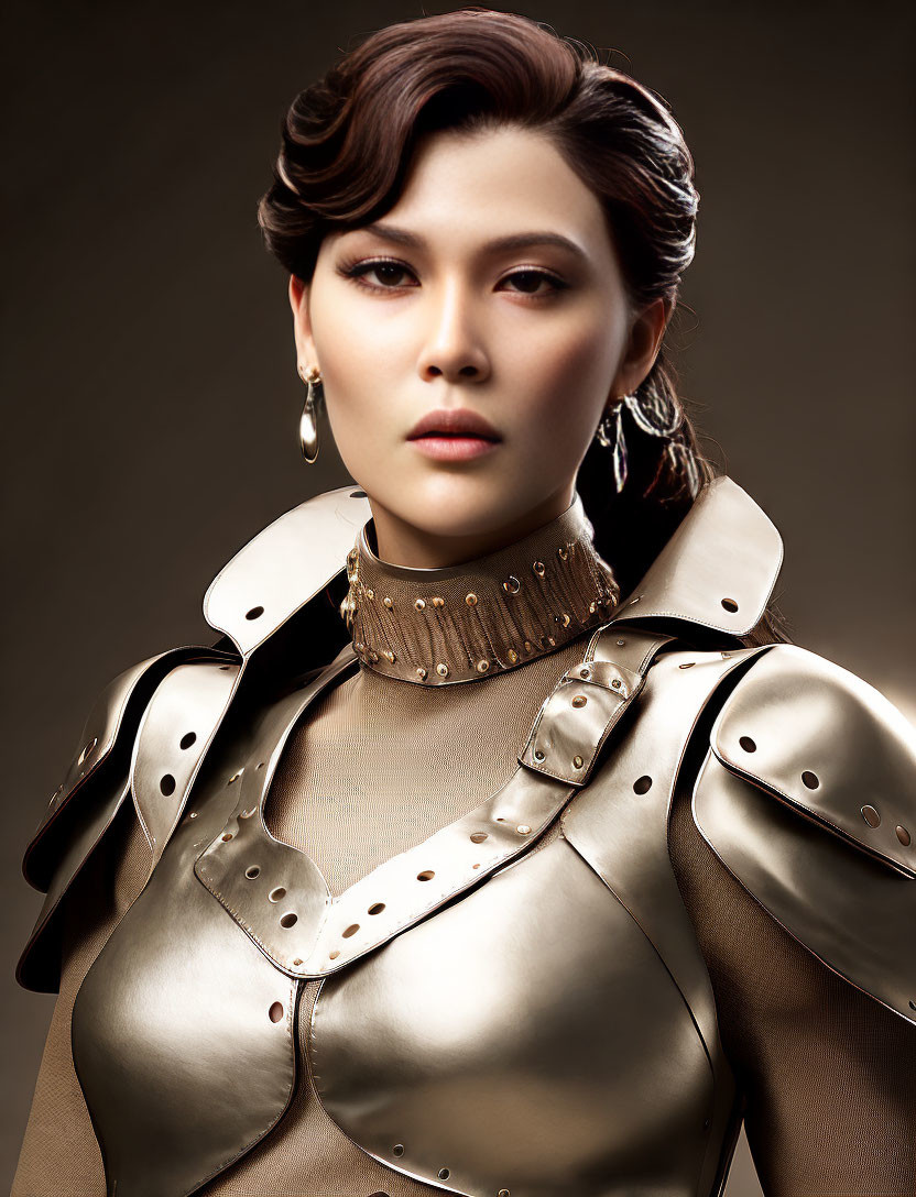 Modern woman in silver metallic armor with high collar and studded accents.