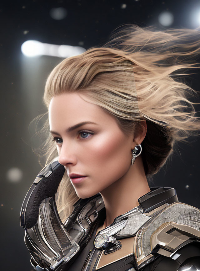 Digital artwork: Woman in futuristic armor with blonde hair in starry setting