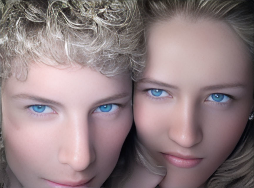 Two individuals with striking blue eyes and fair complexions, one with curly hair and the other with straight