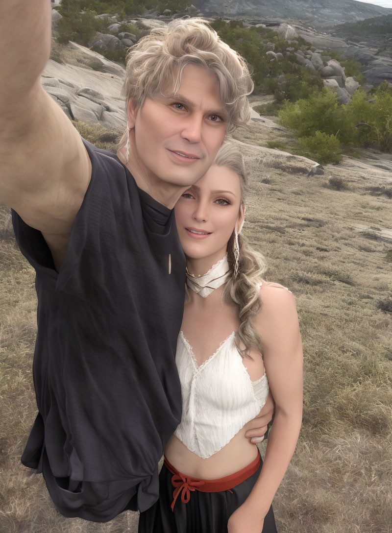 Digital artwork: Two people embracing in selfie with serene rocky landscape