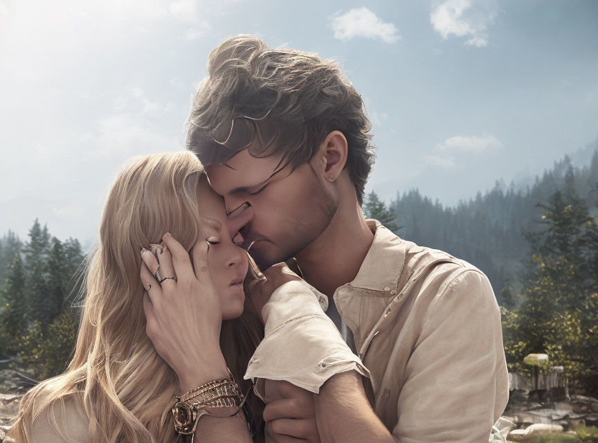 Man and woman share tender moment in serene mountain landscape