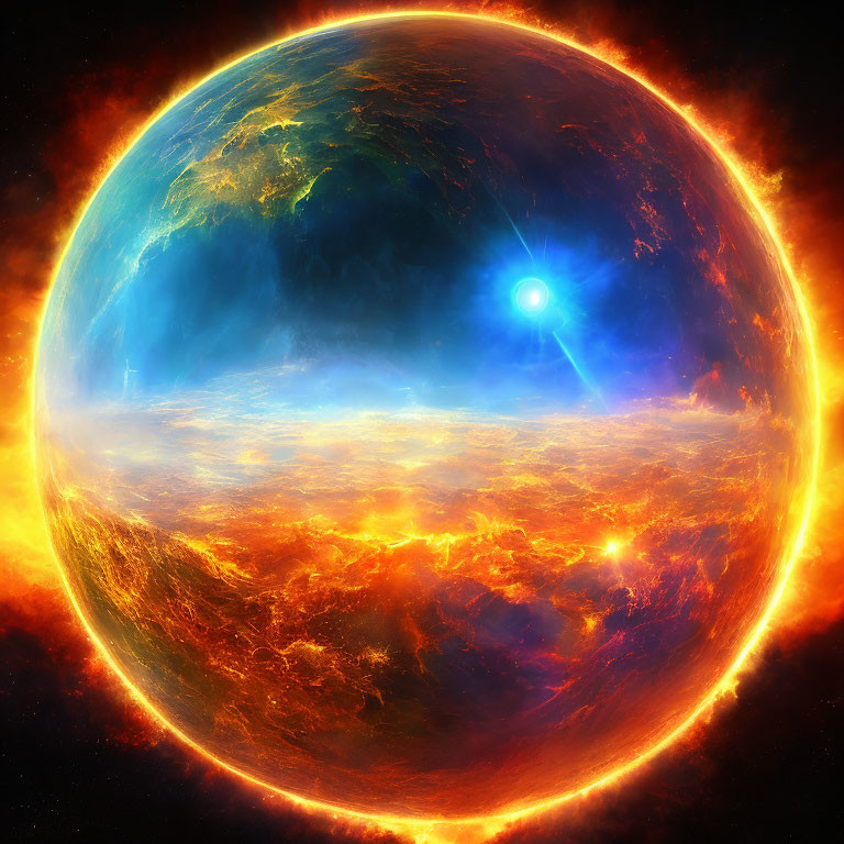 Colorful planet with fiery atmosphere and blue oceans under bright star