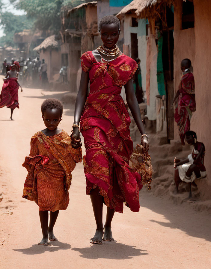 Woman and child in matching red attire walking in dusty village with huts and seated individuals.