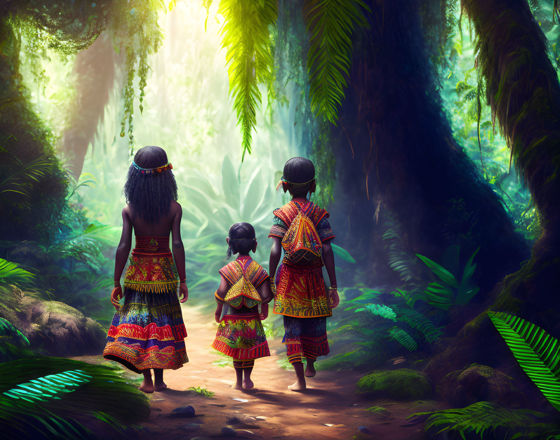 Three people in traditional attire walking in sunlit forest