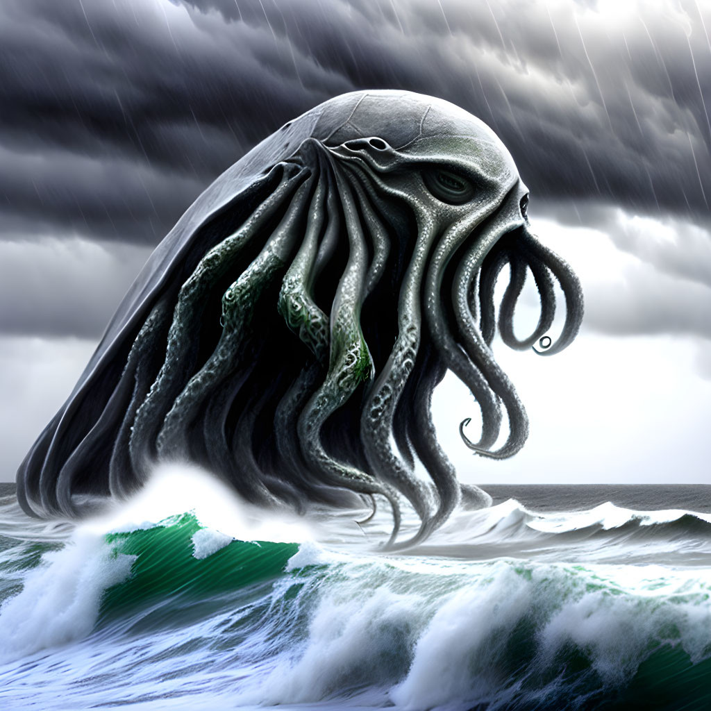 Gigantic octopus-like creature emerging from stormy ocean waves