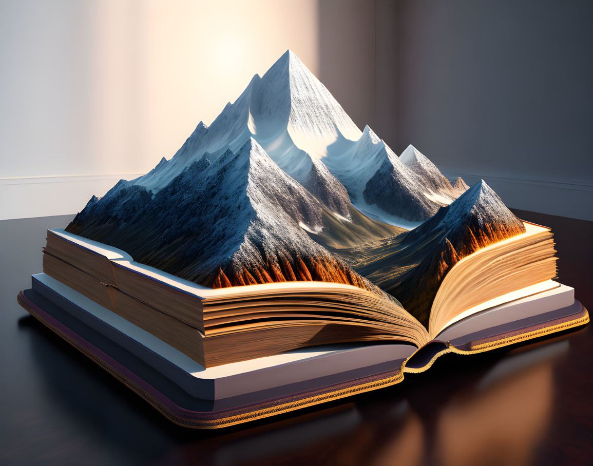 Open book with realistic mountain peaks and valleys on table.