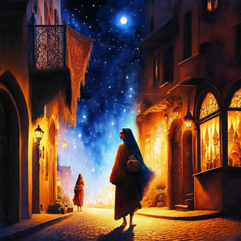 Woman in cloak strolls starlit cobblestone street at night