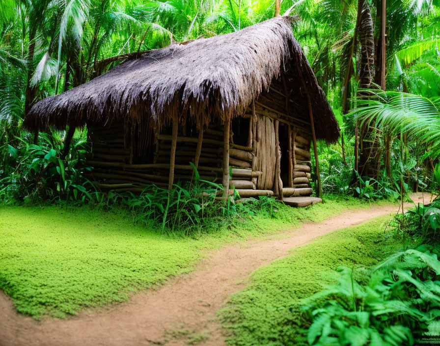 Rustic wooden hut with thatched roof in lush green foliage