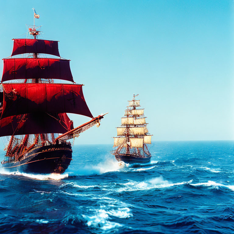 Tall ships with billowing red and white sails at sea