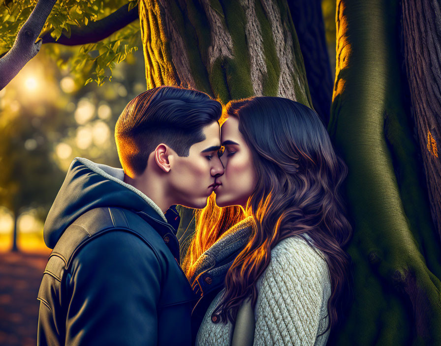 Romantic sunset kiss by tree: warm lighting, serene ambiance