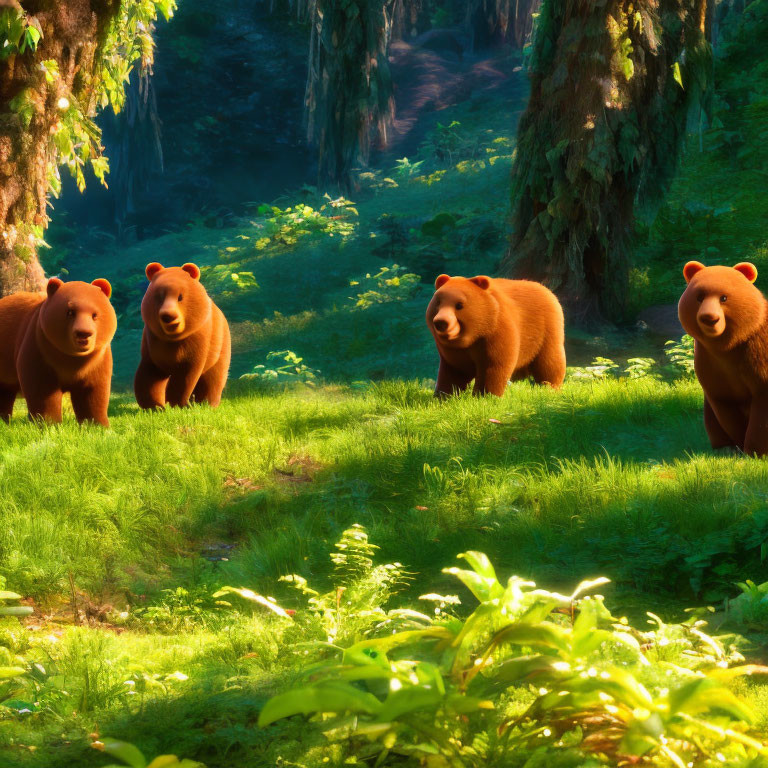 Sunlit Forest Clearing with Four Animated Bears