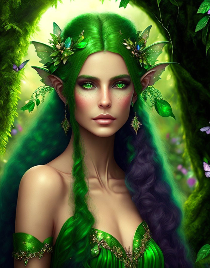 Fantasy elf with green hair, leaf-adorned ears, and vibrant green eyes in lush forest