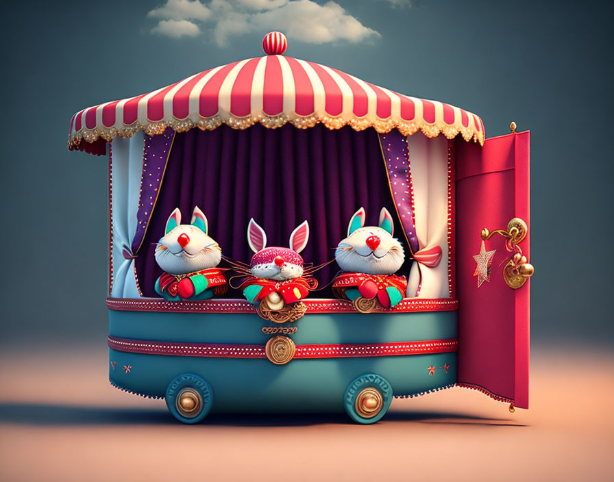 Colorful Vintage Circus Wagon with Cartoon Cats and Rabbit Illustration