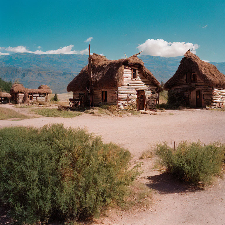 Thatched Roof Wooden Huts in Dry Landscape with Mountains