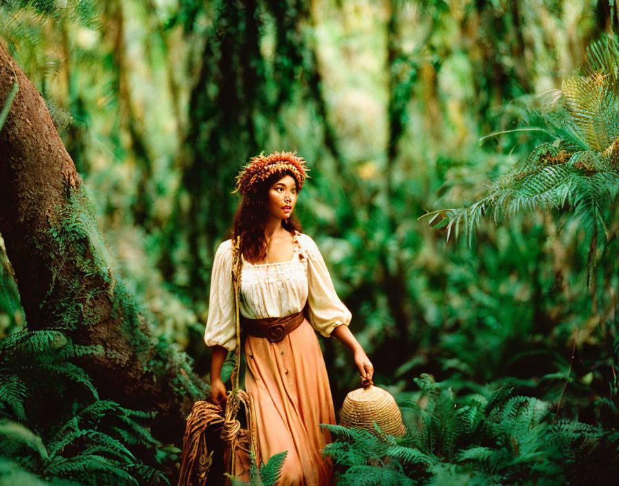 Vintage woman with floral headpiece in lush forest holding rope and straw hat