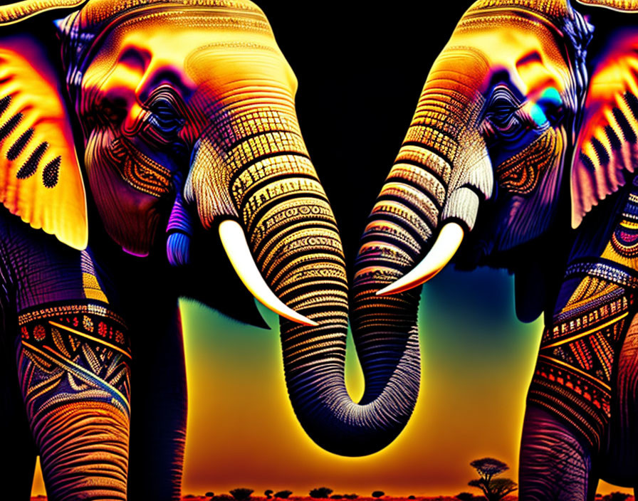 Colorful mirror-image elephants with intricate patterns on skin against warm sunset background.