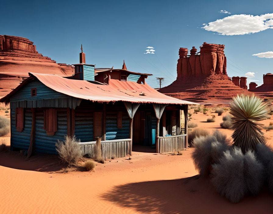 Blue Wooden Cabin with Porch in Desert Landscape with Red Sandstone Formations