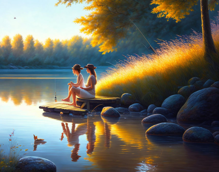 Two people fishing on a dock at sunset by a peaceful river with lush greenery