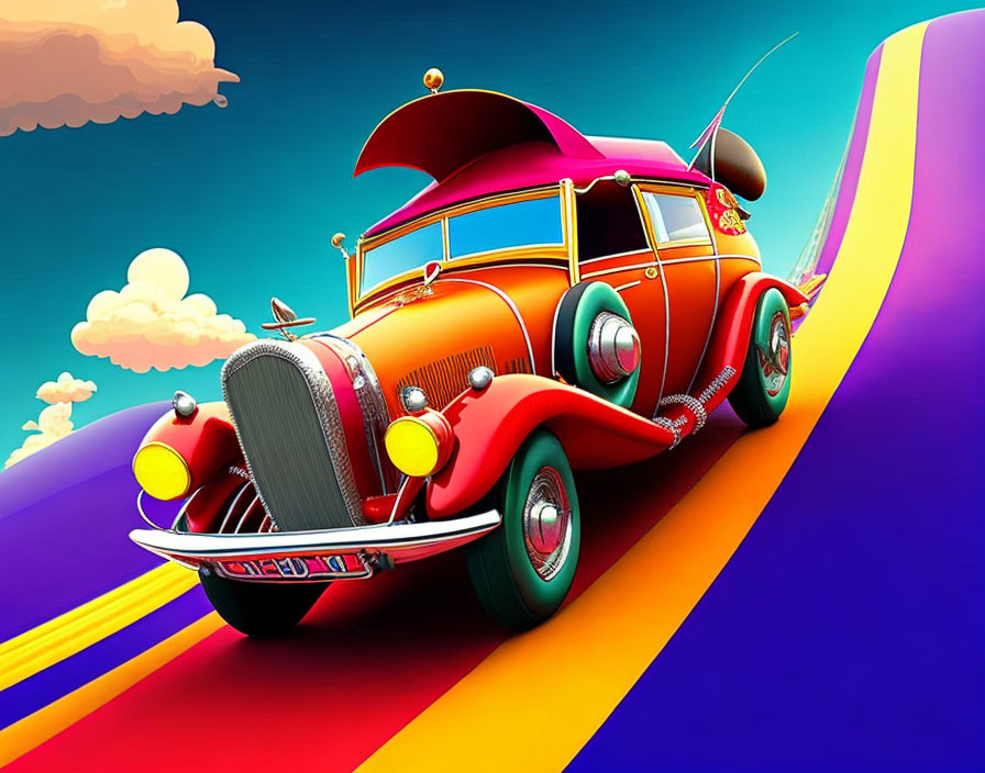 Colorful Illustration of Exaggerated Classic Car on Wavy Road