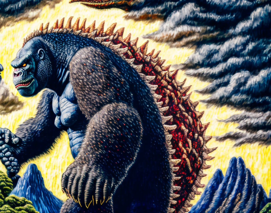 Intense battle scene: gorilla vs. dinosaur in fiery landscape