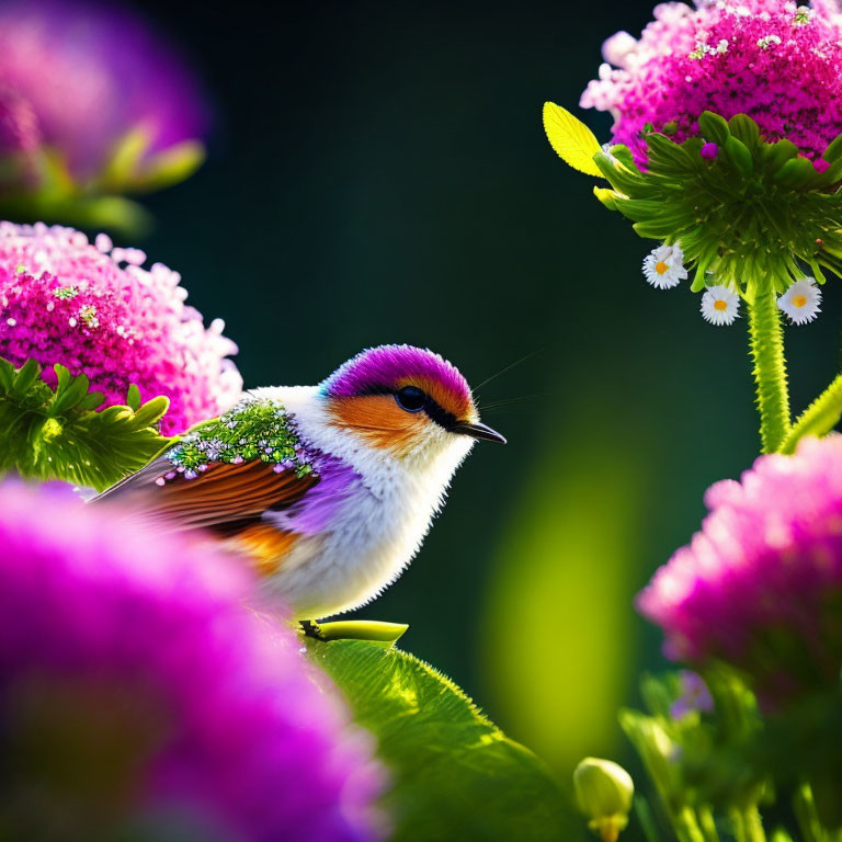 Colorful Bird Perched on Green Leaf Surrounded by Pink Flowers