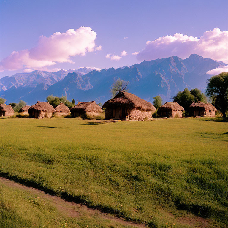 Thatched huts in green field with mountains and blue sky