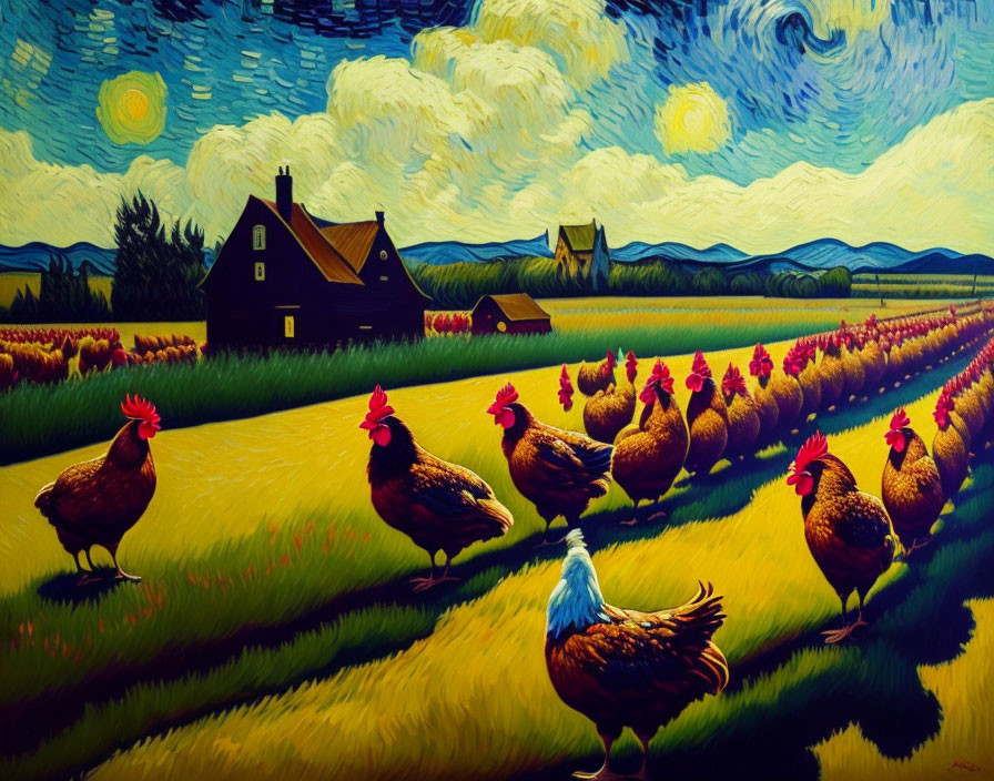 Colorful painting of chickens on farm with barn and swirling sky.