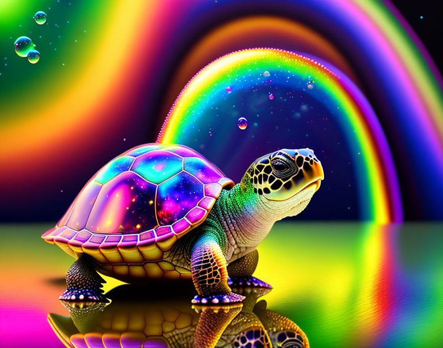 Colorful digital artwork: Turtle with glowing shell on rainbow background.