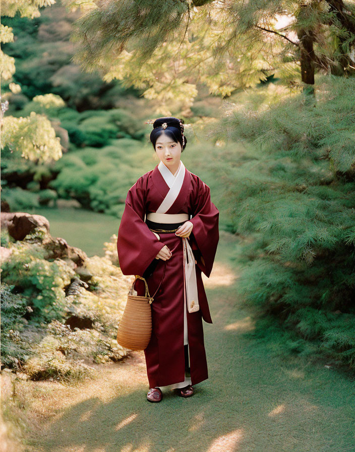 Traditional Japanese woman in lush greenery holding a basket