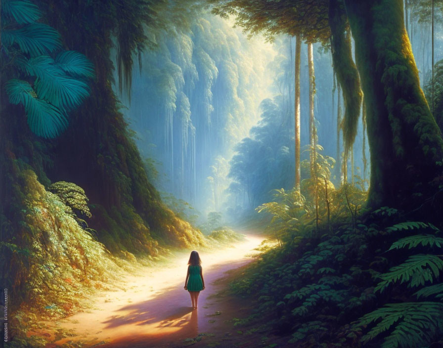 Person walking in mystical forest with ethereal light and misty ambiance