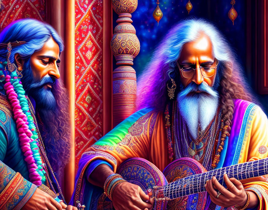 Two characters in traditional Indian attire playing sitar in vibrant setting