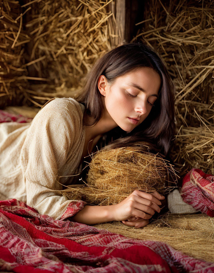 Woman in cream dress sleeping in cozy hayloft on red blanket