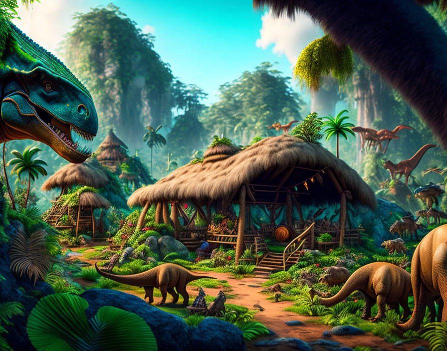 Prehistoric scene with dinosaurs near thatched-roof huts in lush jungle