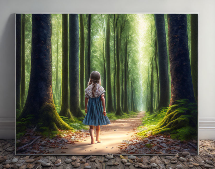 Young girl in front of sunlit forest pathway canvas.