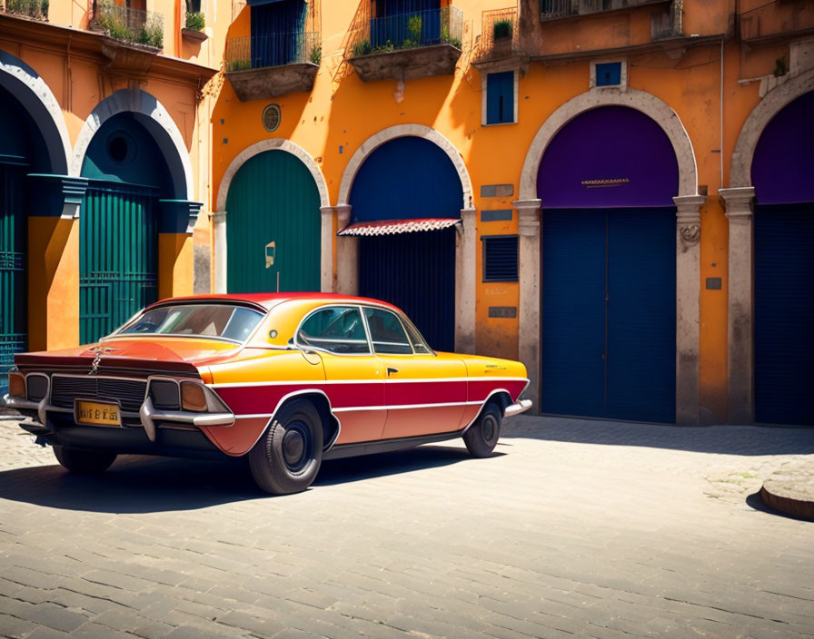 Vintage Orange and White Car on Cobblestone Street with Colorful Old Buildings