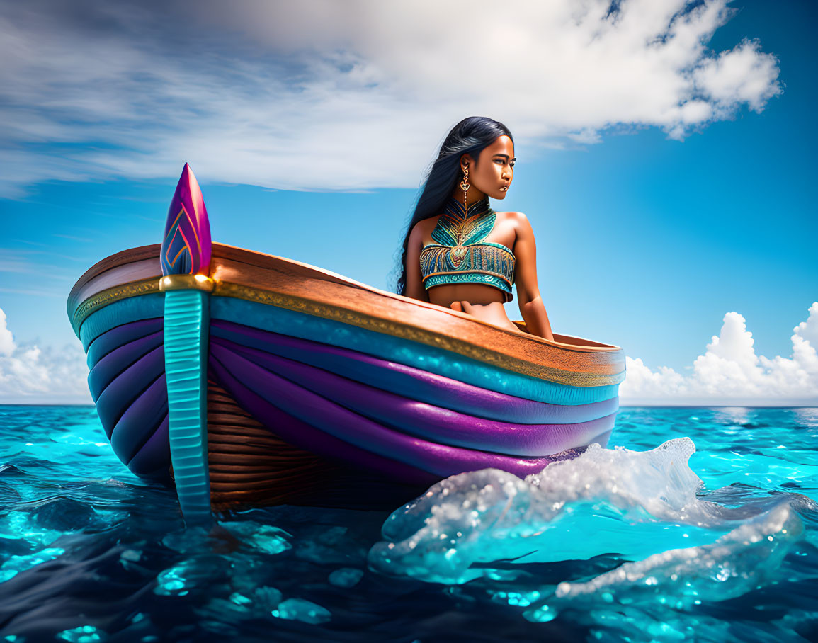 Young woman on colorful boat gazing at clear ocean under blue sky