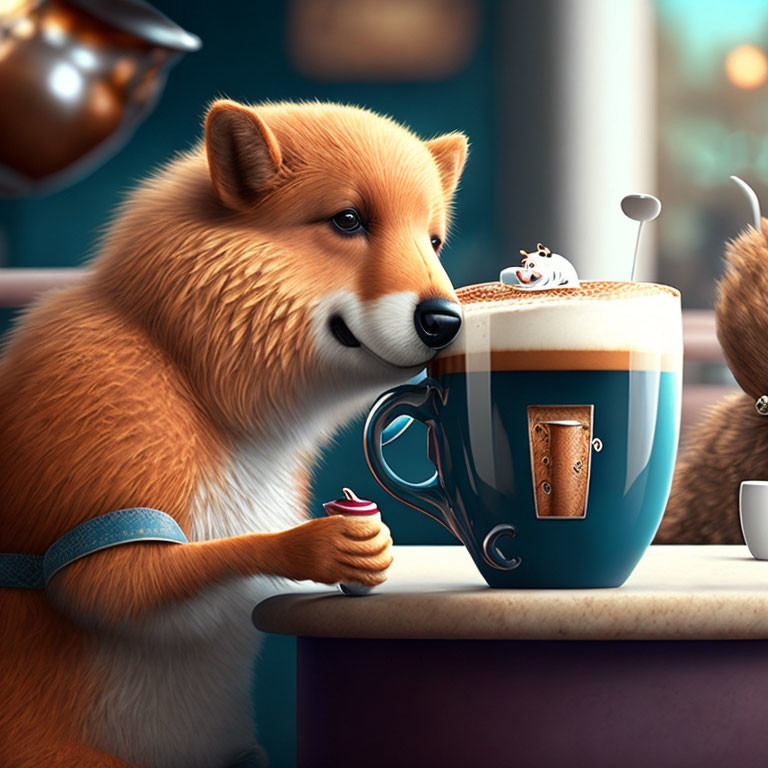 Stylized fox with coffee cup and foam art in whimsical scene